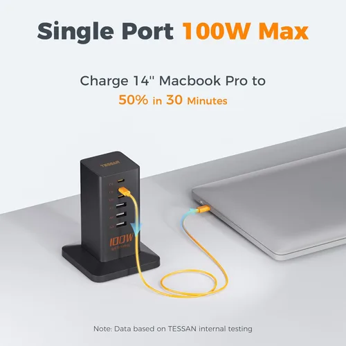 Vista 3 de Cargador USB C Block PD 100W, TESSAN Estación de Carga 6 en 1 para Múltiples Dispositivos, Cargador de Torre de Escritorio con 6 Puertos USB