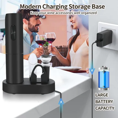 Vista 4 de VIDYSUFYR Juego de abridor eléctrico de botellas de vino con base de carga, negro, abridor automático de botellas de vino con luz LED, kit