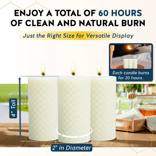 Vista 3 de Alternative Imagination Velas de pilar de diamantes de cera de abeja, paquete de 3 velas sin perfume de 2 x 4 pulgadas, vertidas a mano, color Blanco