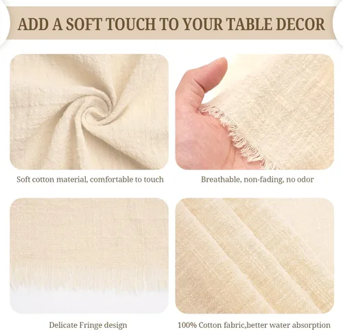 Vista 4 de 24 servilletas de tela hechas a mano con flecos beige, 16 x 16 pulgadas, delicadas servilletas de algodón rústico a granel para bodas, cenas, fiestas