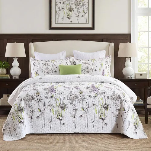 PANGUSHAN Juego de edredón tamaño Queen – Juego de edredón 100% algodón, colcha botánica floral con 2 fundas de almohada, ropa de cama ligera,