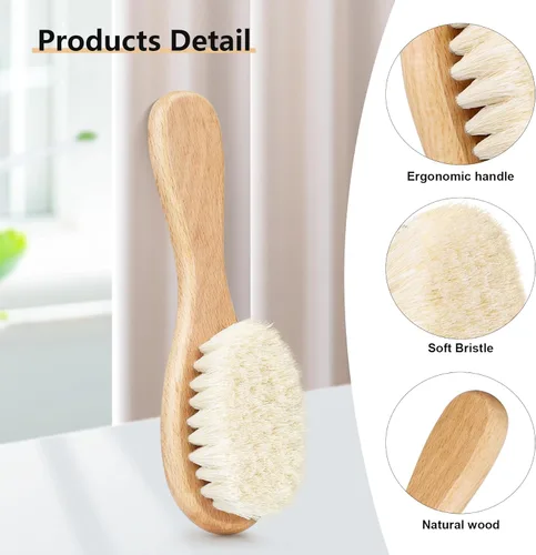 Vista 3 de Cepillo de Cabello para Bebé, Cepillo de Madera con Cerdas de Cabra para Recién Nacidos y Niños Pequeños, Ideal para Costra Láctea, Regalo Perfecto