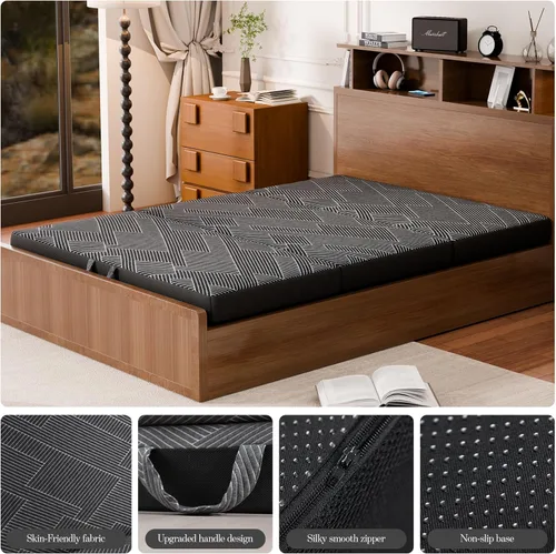 Vista 6 de Colchón triple plegable tamaño individual – Colchón plegable de espuma viscoelástica triple con funda lavable, asa y parte inferior antideslizante