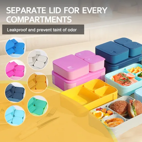 Vista 2 de Lonchera para niños, sin BPA, caja Bento de 3 compartimentos a prueba de fugas para mochilas, apta para microondas y lavavajillas, contenedor
