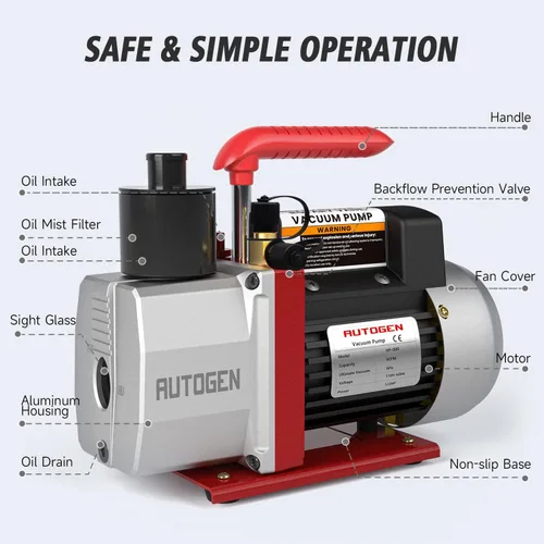 Vista 4 de Bomba de vacío de 5 CFM, bomba de vacío HVAC de 1/2 HP, 38 micrones, 110V para R12 R22 R134a R410a, de 1 etapa para recarga de refrigerante