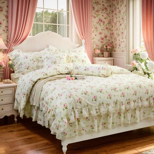 Vista 22 de FADFAY Juego de funda de edredón con estampado floral de roseta, juego de ropa de cama de encaje con volantes para niñas, 3 piezas, tamaño individual