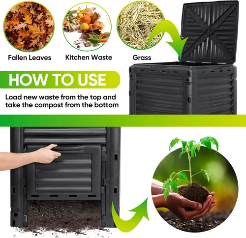 Vista 5 de Contenedor de compost de jardín de 80 galones (300 L) de material libre de BPA, fácil de montar, gran capacidad, aireación de caja de abono al aire
