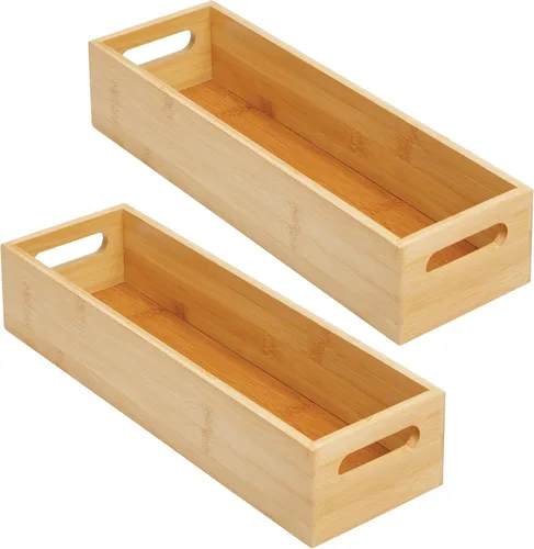 Vista 9 de mDesign Bandeja organizadora delgada de bambú para gabinete de cocina y cajón de refrigerador, contenedor de almacenamiento para cubiertos, cucharas