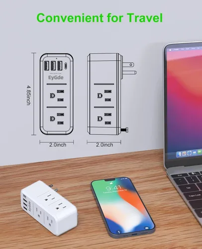 Vista 7 de EyGde Extensor de toma de corriente múltiple 1700J, regleta de alimentación de pared con enchufe giratorio y 4 puertos de carga USB (1 USB C)
