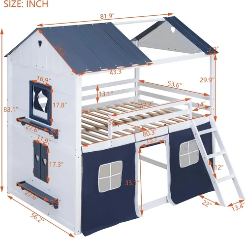 Vista 236 de Cama de casa de tamaño individual con elegantes ventanas y estantería, litera con diseño de castillo de madera con barandillas de seguridad