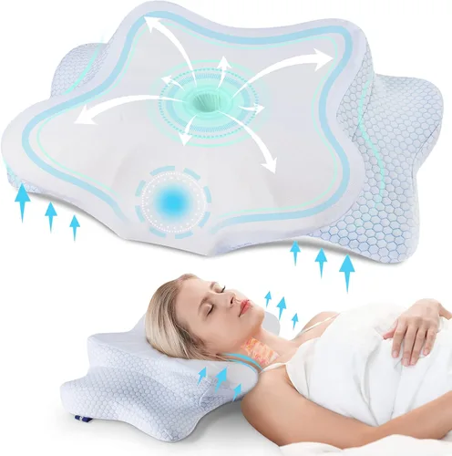 Vista 13 de DONAMA - Almohada cervical para cuello y hombros, diseño de espuma viscoelástica contorneado, soporte ergonómico para dormir de lado, espalda o boca