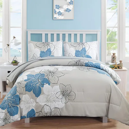 Luxudecor Juego de edredón floral tamaño individual, 6 piezas de cama en una bolsa, edredón floral azul y juego de sábanas, juego de ropa de cama