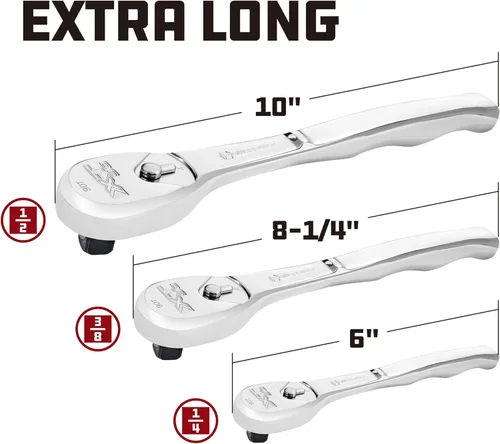 Vista 5 de Powerbuilt trinquete profesional XT90 de 90 dientes con accionamiento de 1/2 pulgadas, trinquete de cabeza sellada, pulido completo, mango largo