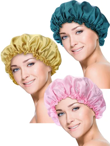 Vista 8 de Blulu 3 gorros grandes de satén de seda, gorro de pelo para dormir, suave y transpirable, para mujeres con cabello rizado (negro, beige, plateado)