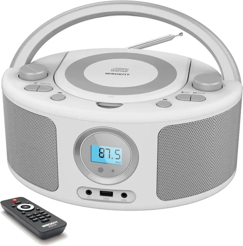 Vista 12 de Boombox de CD portátil con Bluetooth, radio FM, puerto USB, compatible con MP3-CD, entrada AUX, conector para auriculares, control remoto, estéreo