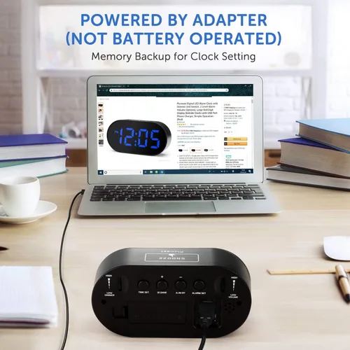 Vista 7 de Plumeet [Versión actualizada] Reloj despertador LED digital con atenuador de brillo ajustable y volumen de alarma, pantalla de dígitos azules de 12