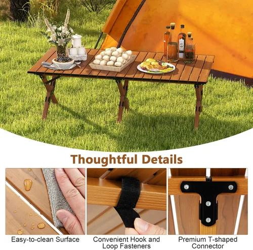 Vista 4 de COSTWAY Mesa de picnic plegable, mesa de campamento de aluminio enrollable con veta de madera, mesa de playa portátil de baja altura con bolsa