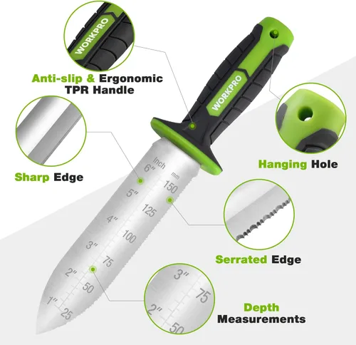 Vista 4 de WORKPRO Hori Hori - Cuchillo de jardín, hoja de acero inoxidable de 7 pulgadas con borde de corte, herramientas de jardín con funda Oxford, mango