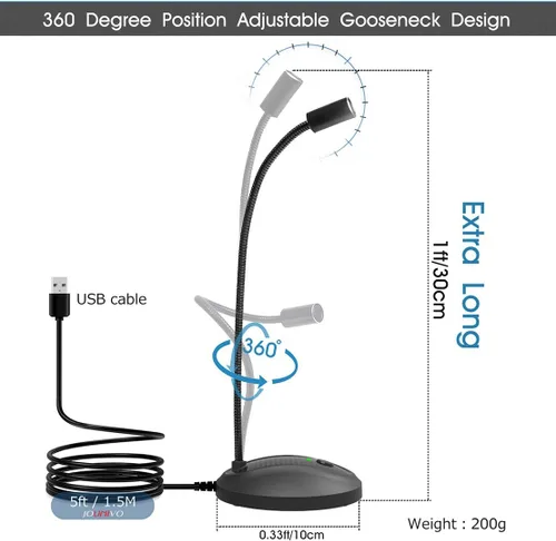 Vista 2 de JOUNIVO – Micrófono USB, diseño de cuello de cisne ajustable de 360 grados, botón de silencio e indicador LED, tecnología de cancelación de ruido