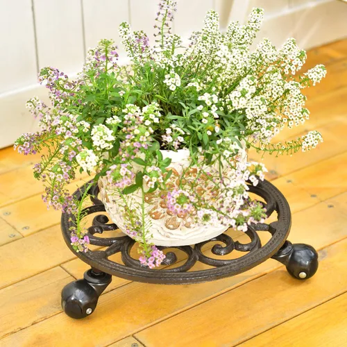 Vista 7 de Sungmor Carrito para Plantas de Hierro Fundido Resistente, Soporte Redondo para Macetas de 11 pulgadas sobre 3 Ruedas Sólidas, Soporte para Macetas