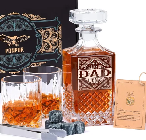 PONPUR Regalos para hombres y papá, rellenos de calcetines, juego de decantador de whisky con 2 vasos, regalo único y genial de cumpleaños para papá
