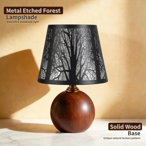 Vista 2 de Lámpara de mesa rústica de bosque de 11.4 pulgadas, lámpara de noche regulable de 3 colores con pantalla de árbol de metal negro y base de madera