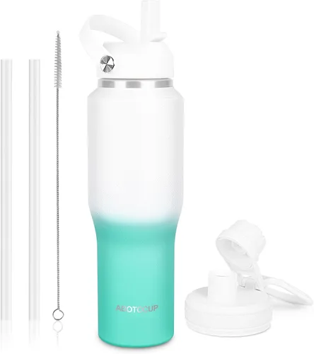 Vista 15 de ABOTOCUP Botella de agua aislada de 32 onzas, cabe en cualquier portavasos de automóvil, botella de agua con tapas con pajilla, termo de agua