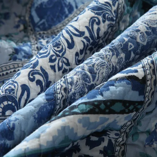 Vista 7 de NEWLAKE Juego de colcha de algodón, juego de colcha reversible de retazos, patrón bohemio clásico azul, tamaño individual