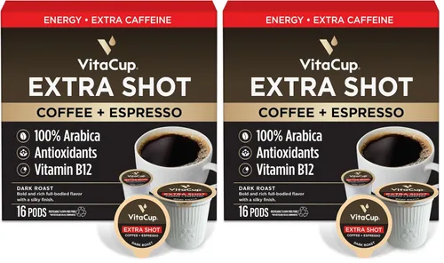 Vista 18 de VitaCup Cápsulas de café Extra Shot, tostado oscuro intenso con café expreso, alta cafeína, vitamina B12, antioxidantes, cápsulas reciclables