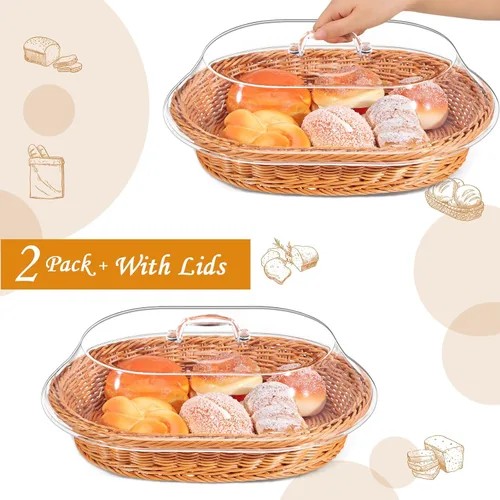 Vista 3 de Hushee Juego de 2 cestas de pan de ratán de imitación con tapa, cestas de pan de mimbre para servir cestas de frutas tejidas con cubierta, cestas