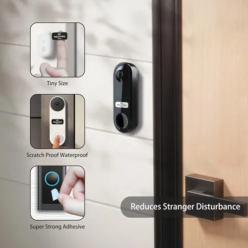 Vista 6 de Pequeño Cartel de No Solicitar para Casa, 1x0.5 Pulgadas Compatible con la mayoría de los Timbres, Resistente a la Intemperie y Robusto - Fácil