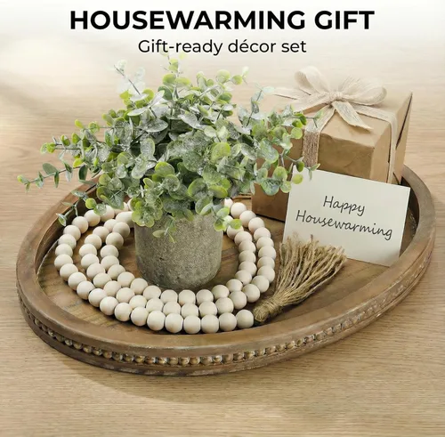 Vista 8 de Bandeja decorativa de madera ovalada de 16 x 11.8 pulgadas con guirnalda de cuentas de 58 pulgadas, mesa de centro de granja y decoración de isla