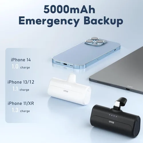 Vista 3 de UPEB Cargador portátil pequeño para iPhone de 5000 mAh, paquete de 2 con cable integrado, batería externa compacta con certificación MFi para todos