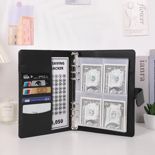Vista 2 de SKYDUE - Carpeta con 100 sobres para el desafío de ahorro de dinero, carpeta de presupuesto de ahorro de dinero A5 con sobres para efectivo - Libro