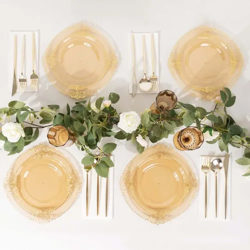 Vista 54 de Efavormart - Paquete de 10 platos redondos de plástico para ensalada de postre de 8 pulgadas, color negro/dorado, vajilla desechable con borde