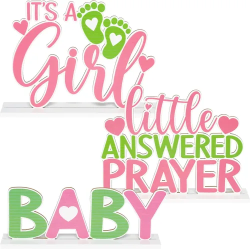 Centros de mesa de madera rosa para baby shower, 3 piezas, con texto en inglés "It's A Girl", letrero de oración contestada, decoración de madera