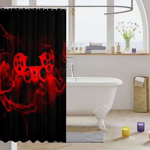 Vista 3 de Cortina de ducha con estampado de consola de videojuegos para niños, decoración de sala de juegos, cortinas de ducha de tela con control