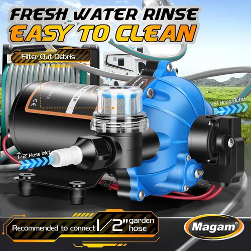 Vista 5 de Bomba de agua mejorada de 12 voltios, 7 GPM 70 PSI, diafragma autocebante de cinco cámaras de 12 V CC RV bomba fresca con interruptor de presión