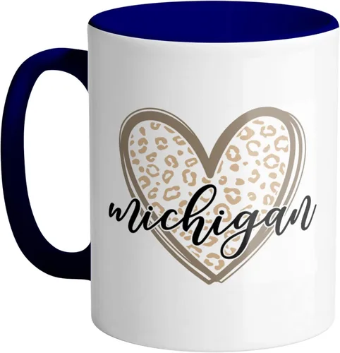 Vista 5 de TeesAndTankYou Taza de café con corazón de leopardo, Michigan, 11 onzas, color negro