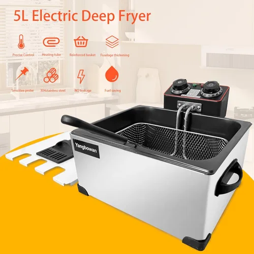 Vista 3 de Freidora de 5L 1300W con 3 cestas, Yangbowan freidora eléctrica para uso doméstico, con control de tiempo y temperatura, tapa de acero inoxidable