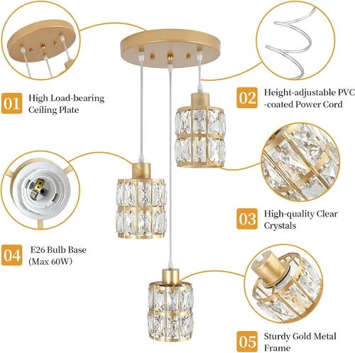 Vista 6 de Lámpara colgante moderna de cristal dorado de 3 luces - Lámpara colgante ajustable para isla de cocina, comedor, sala de estar y dormitorio