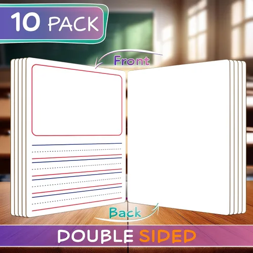 Vista 2 de Scribbledo Paquete de 10 pizarras blancas de doble cara de 9 x 12 pulgadas con forro de historias para niños, tablero de escritura para práctica
