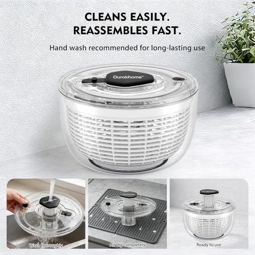 Vista 4 de Ourokhome Centrifugadora de Ensalada Secadora de Lechuga, Secadora de Vegetales Grande de Presión Fácil con Una Mano, Mezcladora de Ensalada