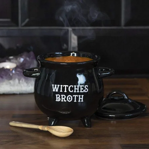 Vista 4 de Pacific Giftware Cuenco de cerámica para caldero de brujas con cuchara de escoba