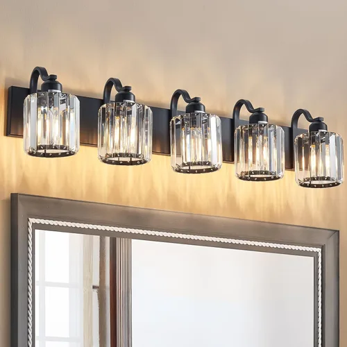 Vista 20 de Luces modernas de cristal para tocador de baño, 3 luces negras y doradas, lámparas de baño sobre el espejo, iluminación de pared de cristal
