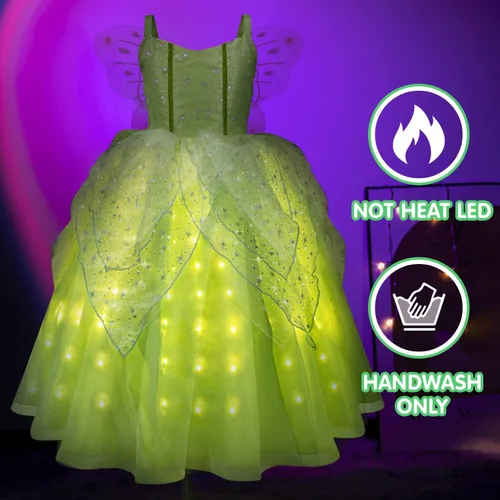 Vista 4 de UPORPOR Vestido de hadas iluminado y alas de hada verde para niñas, vestido de baile de princesa para niños, disfraz de Halloween Tinker Bell