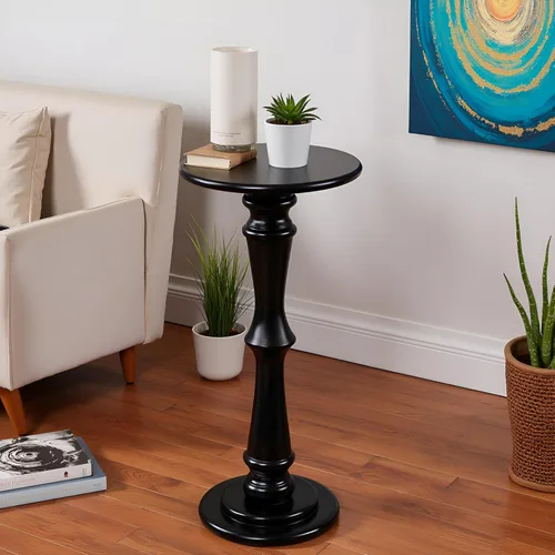 SwallowLiving Mesa auxiliar de madera maciza, mesa redonda de 12 pulgadas para bebidas con pedestal para espacios pequeños, mesas auxiliares negras