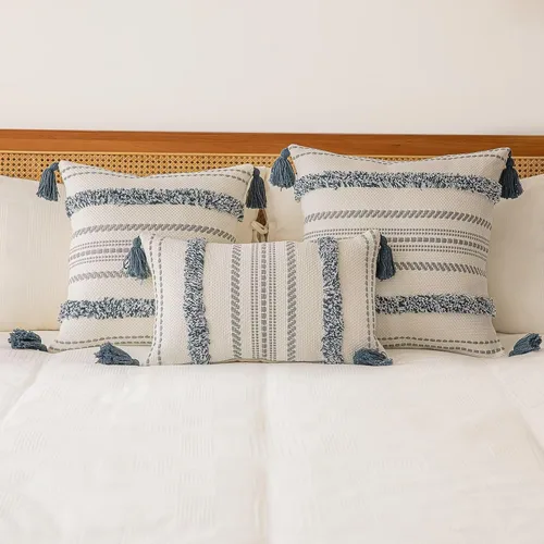Vista 5 de Juego de 2 fundas de almohada bohemias de 18 x 18 pulgadas, fundas de almohada tejidas con mechones estilo granja con borlas y rayas texturizadas