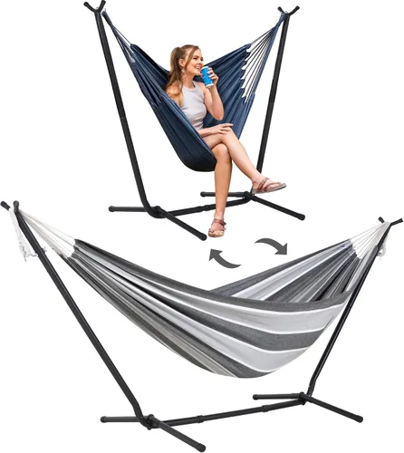 Vista 22 de SUNCREAT Hamacas 2 en 1 Silla Hamaca con Soporte, Capacidad de 475 libras, Hamaca de Servicio Pesado para Dos Personas con Soporte, Patente Rayas