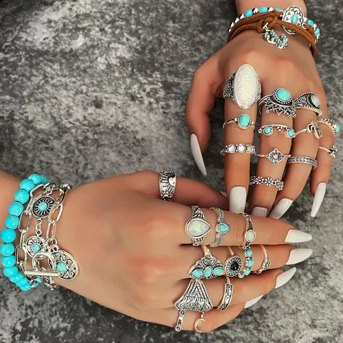 Vista 5 de IFKM Bohemian Jewelry Set With Turquoise Necklace, Dangle Earrings, Stackable Bangle Bracelets, Knuckle Rings For Women Vintage Western Boho